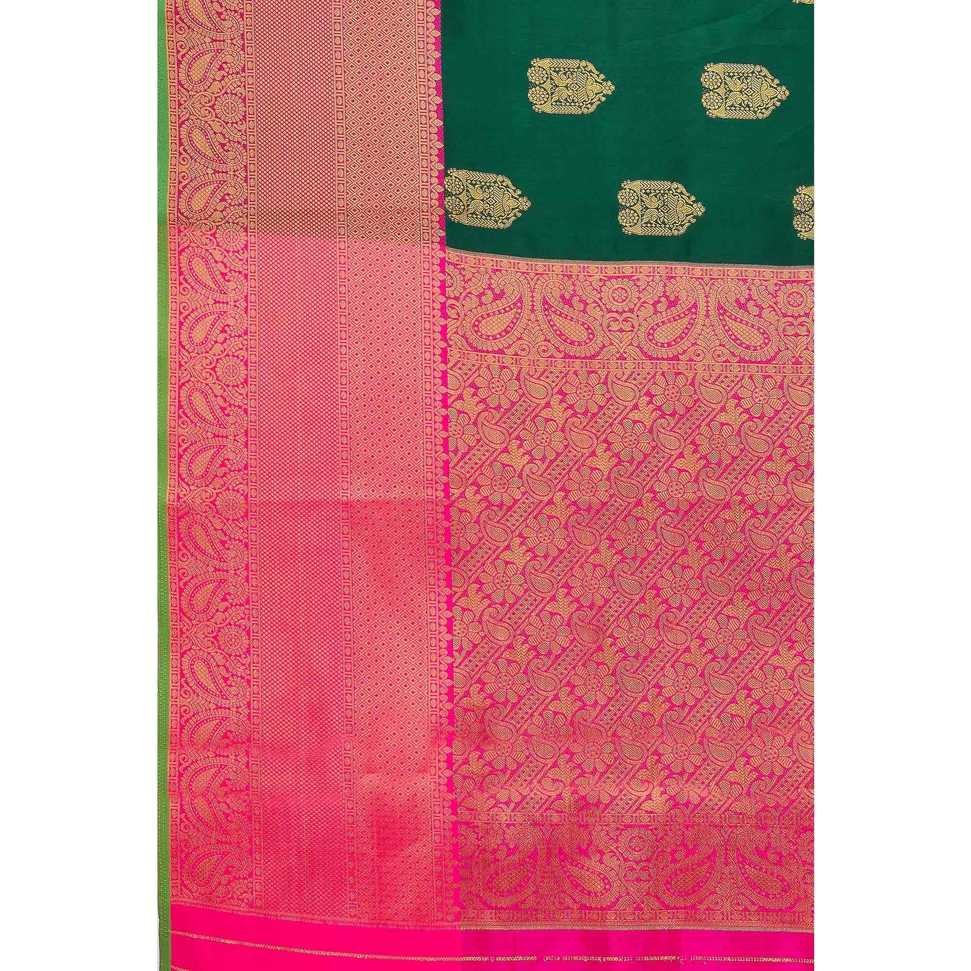 Green Woven Banarasi Silk Saree - Peachmode