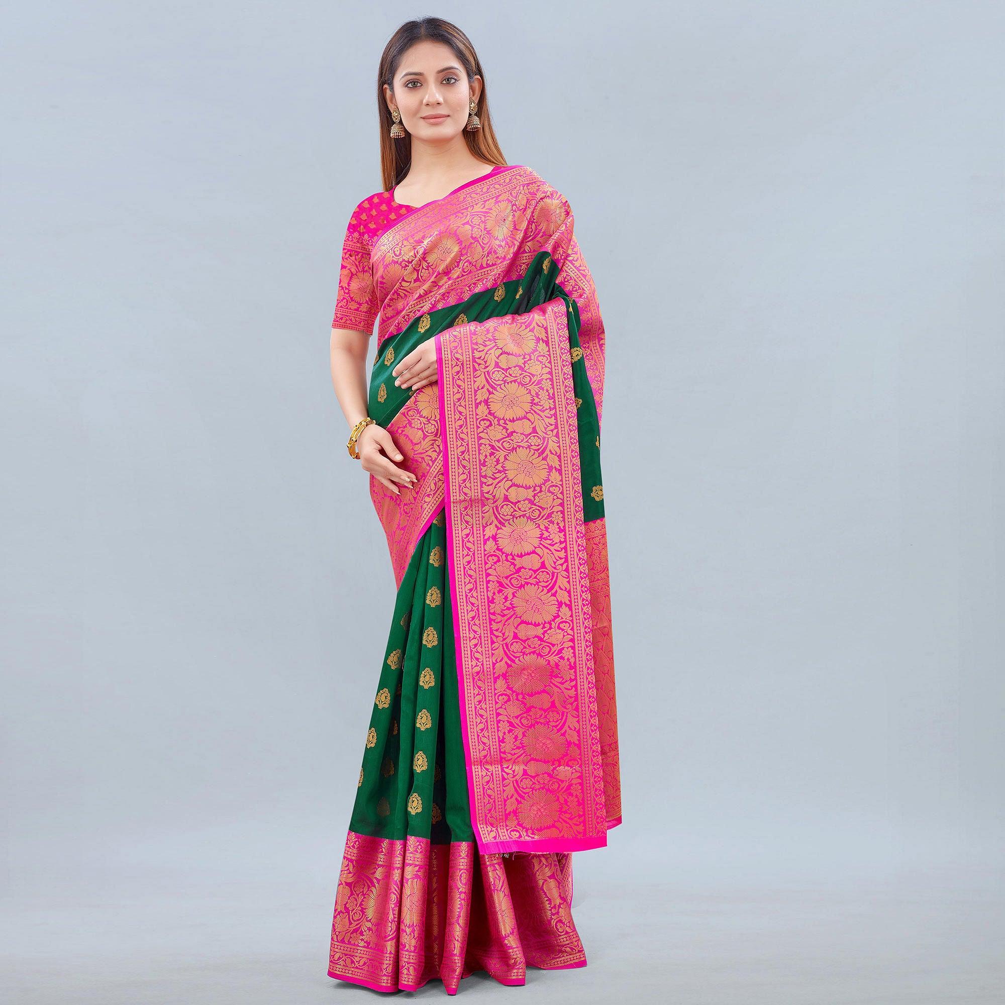 Green Woven Banarasi Silk Saree - Peachmode
