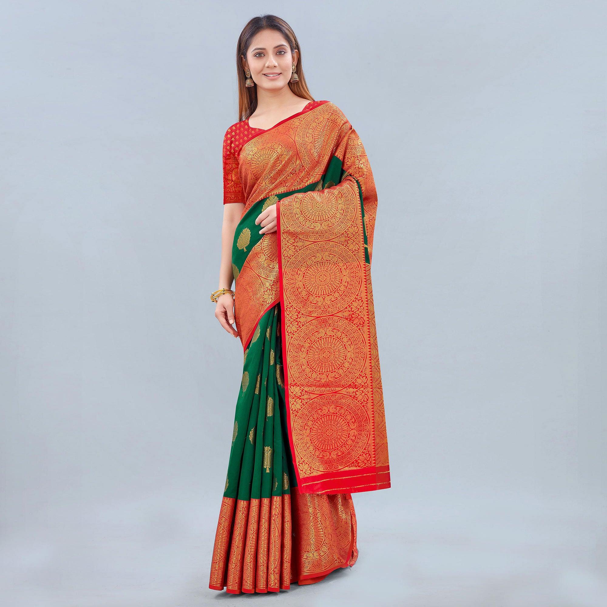 Green Woven Banarasi Silk Saree - Peachmode