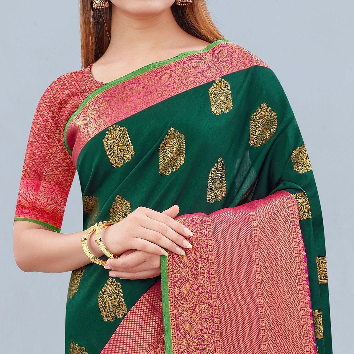 Green Woven Banarasi Silk Saree - Peachmode