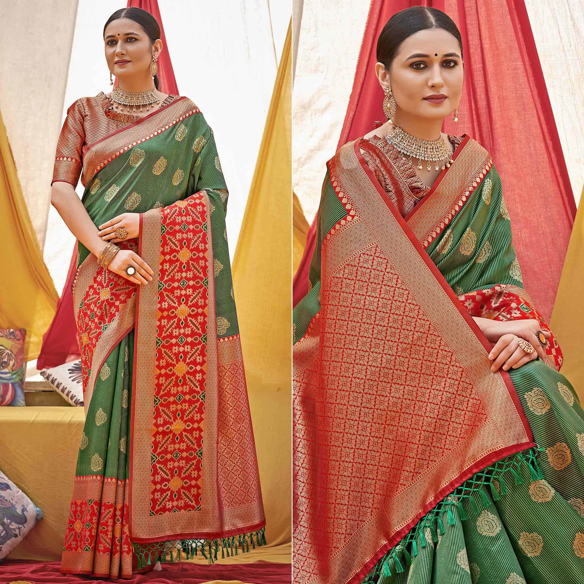 Green Woven Banarasi Silk Saree With Tassels - Peachmode