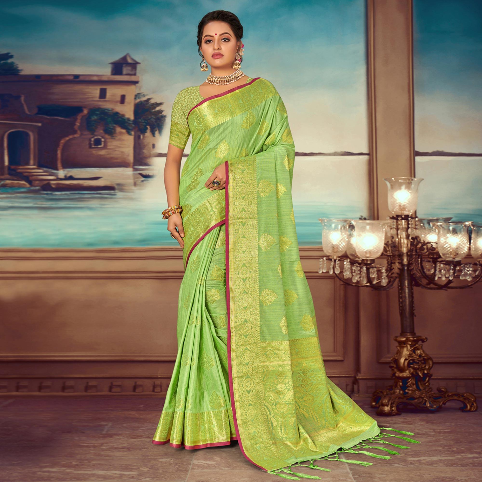 Green Woven Banarasi Silk Saree With Tassels - Peachmode