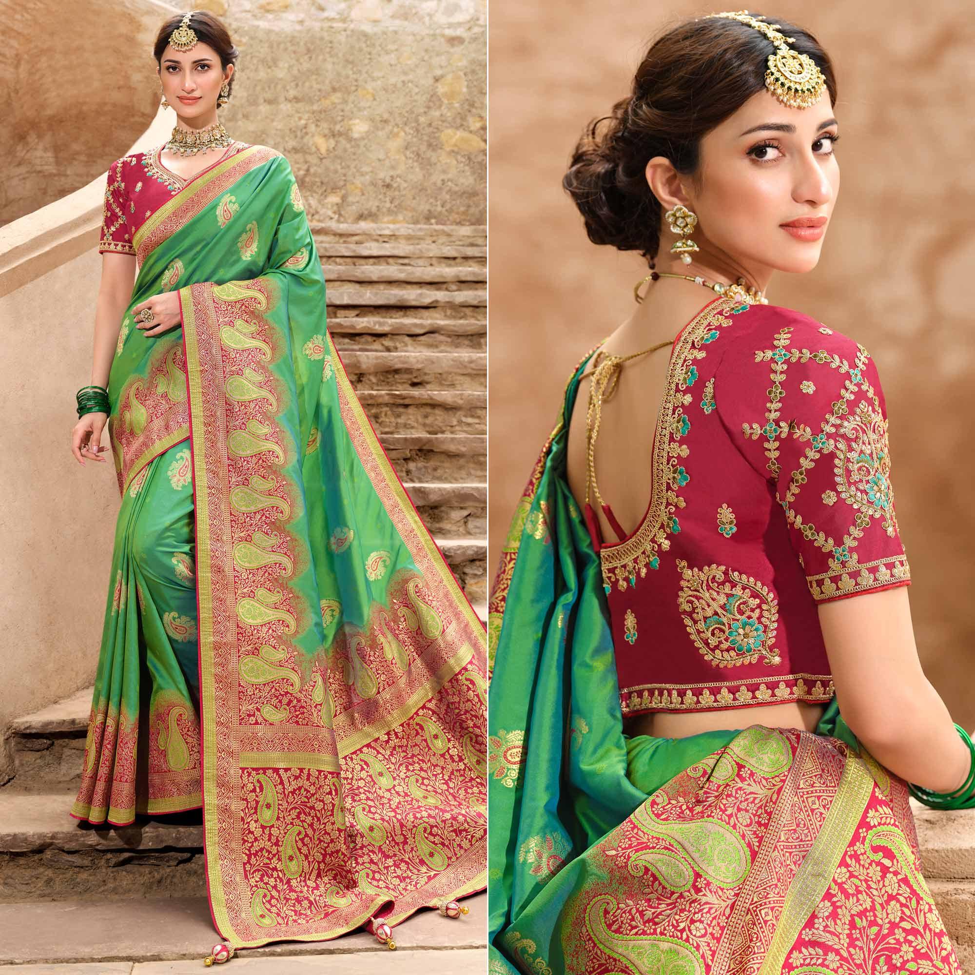 Green Woven Banarasi Silk Saree With Tassels - Peachmode