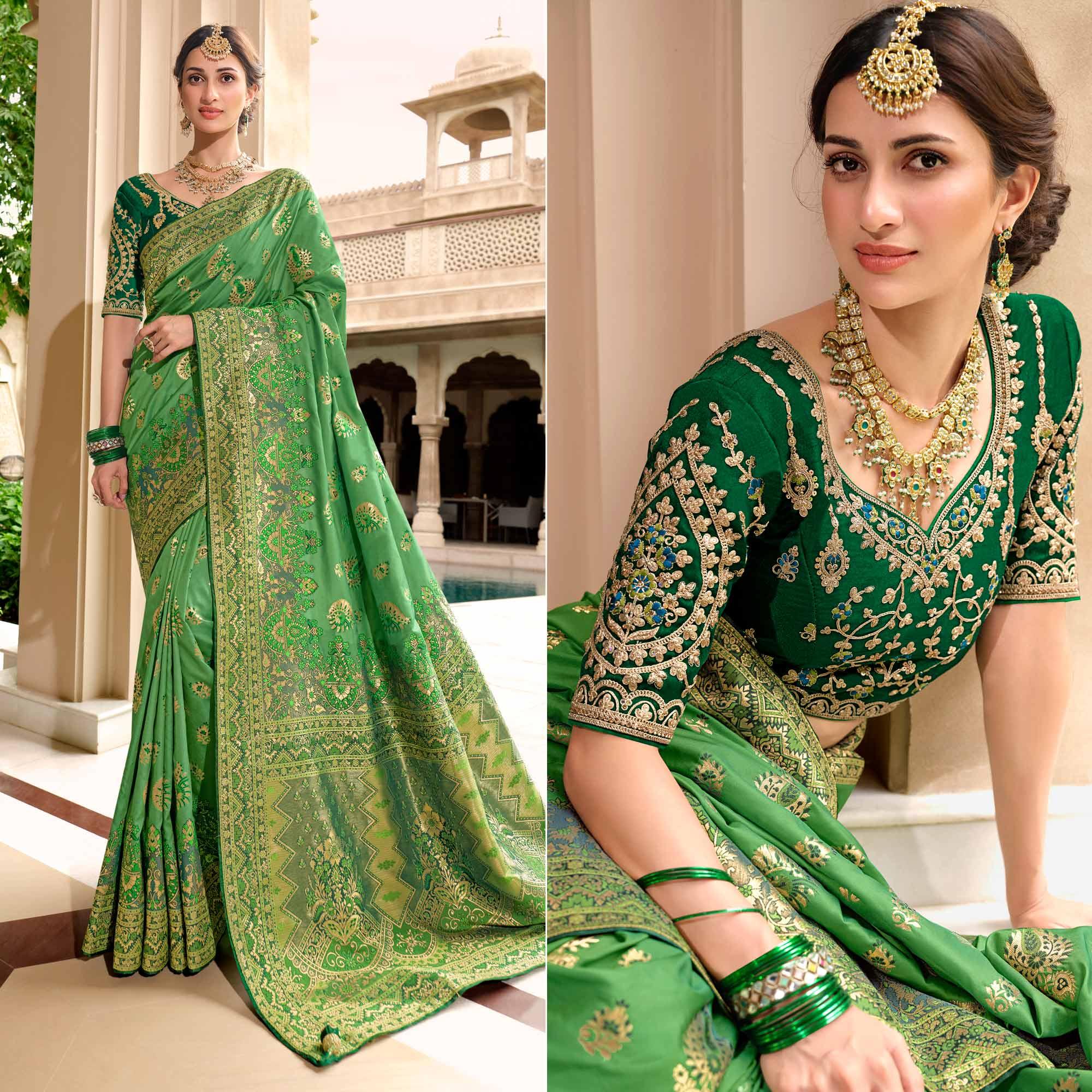 Green Woven Banarasi Silk Saree With Tassels - Peachmode