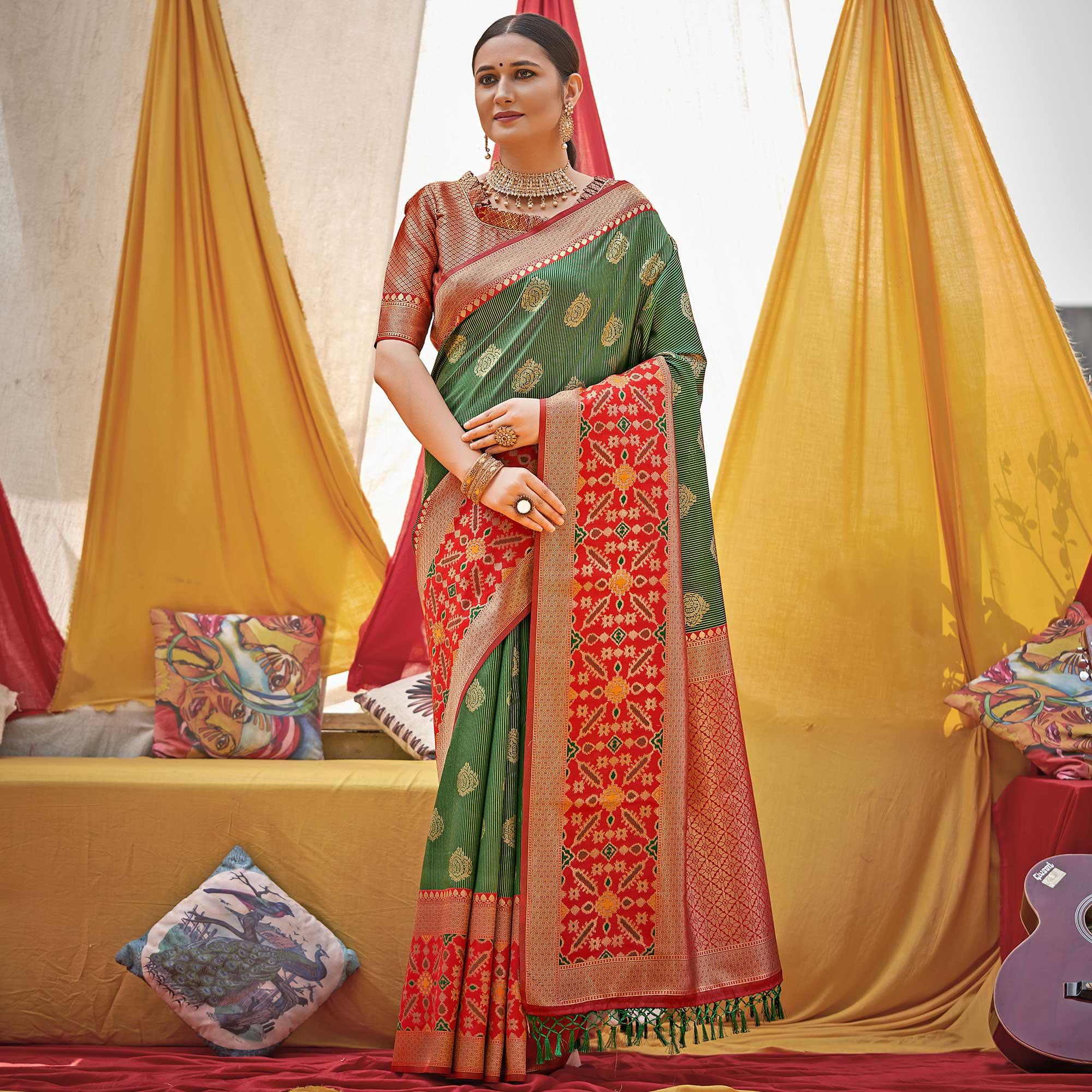 Green Woven Banarasi Silk Saree With Tassels - Peachmode