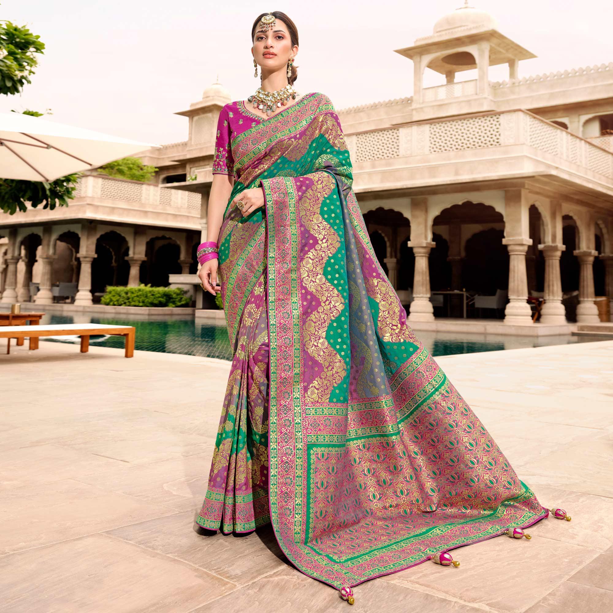 Green Woven Banarasi Silk Saree With Tassels - Peachmode