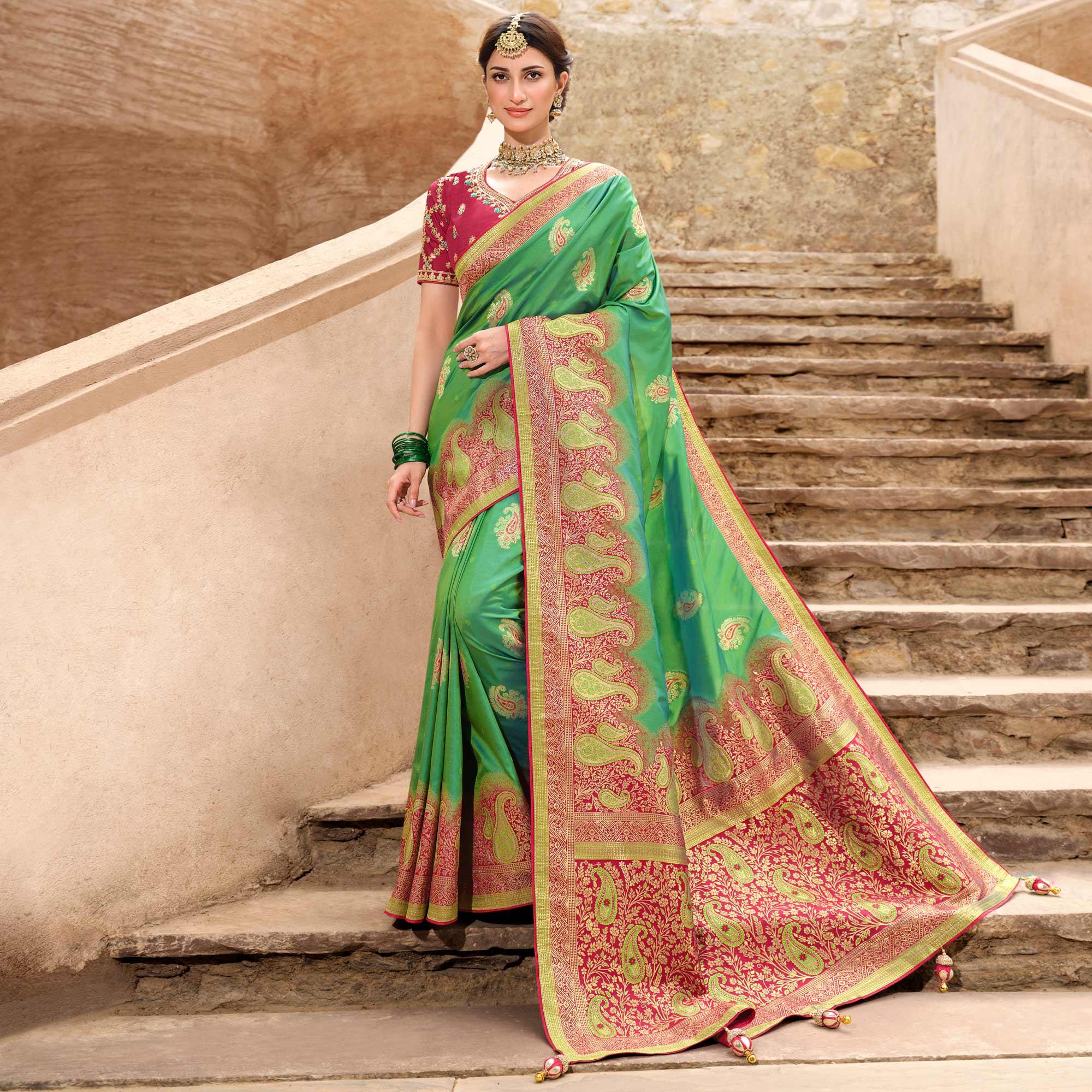 Green Woven Banarasi Silk Saree With Tassels - Peachmode