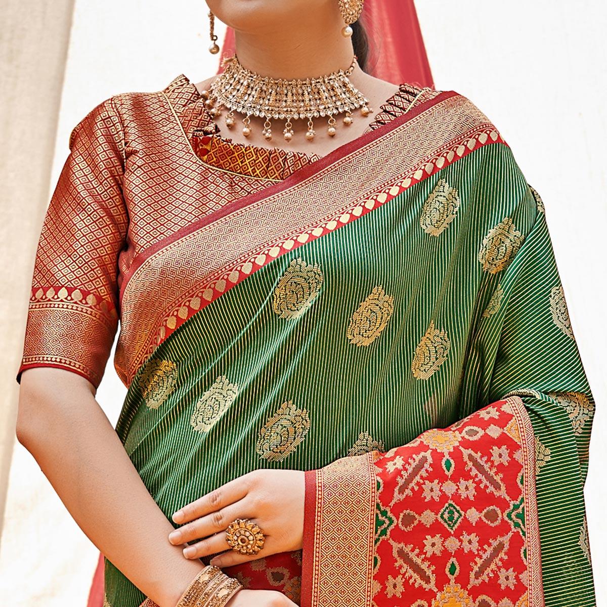Green Woven Banarasi Silk Saree With Tassels - Peachmode