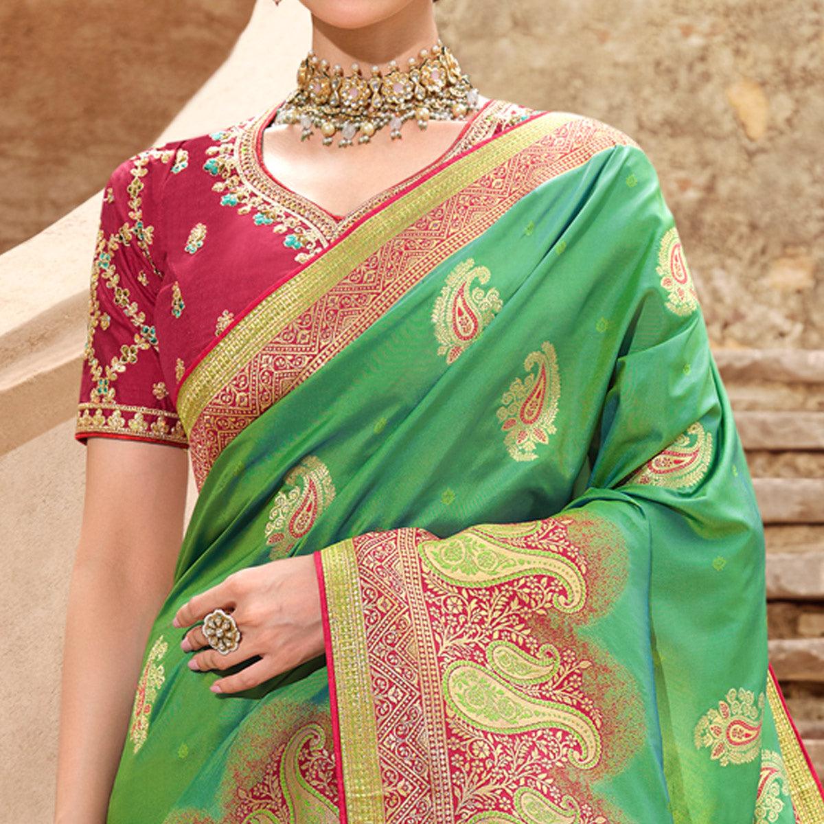 Green Woven Banarasi Silk Saree With Tassels - Peachmode
