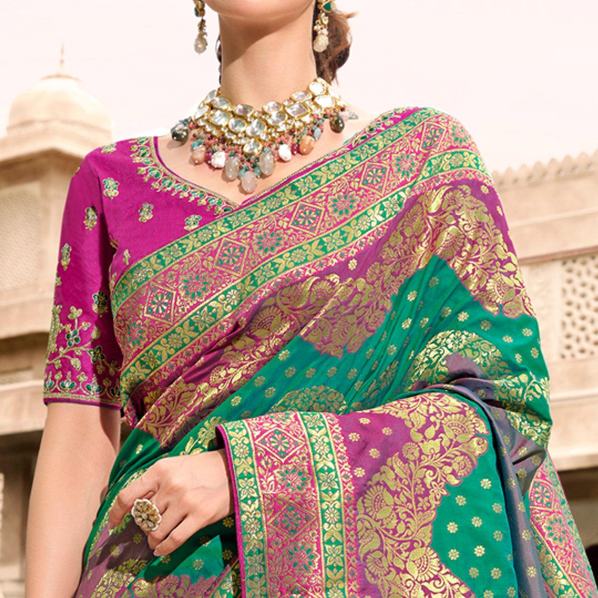 Green Woven Banarasi Silk Saree With Tassels - Peachmode