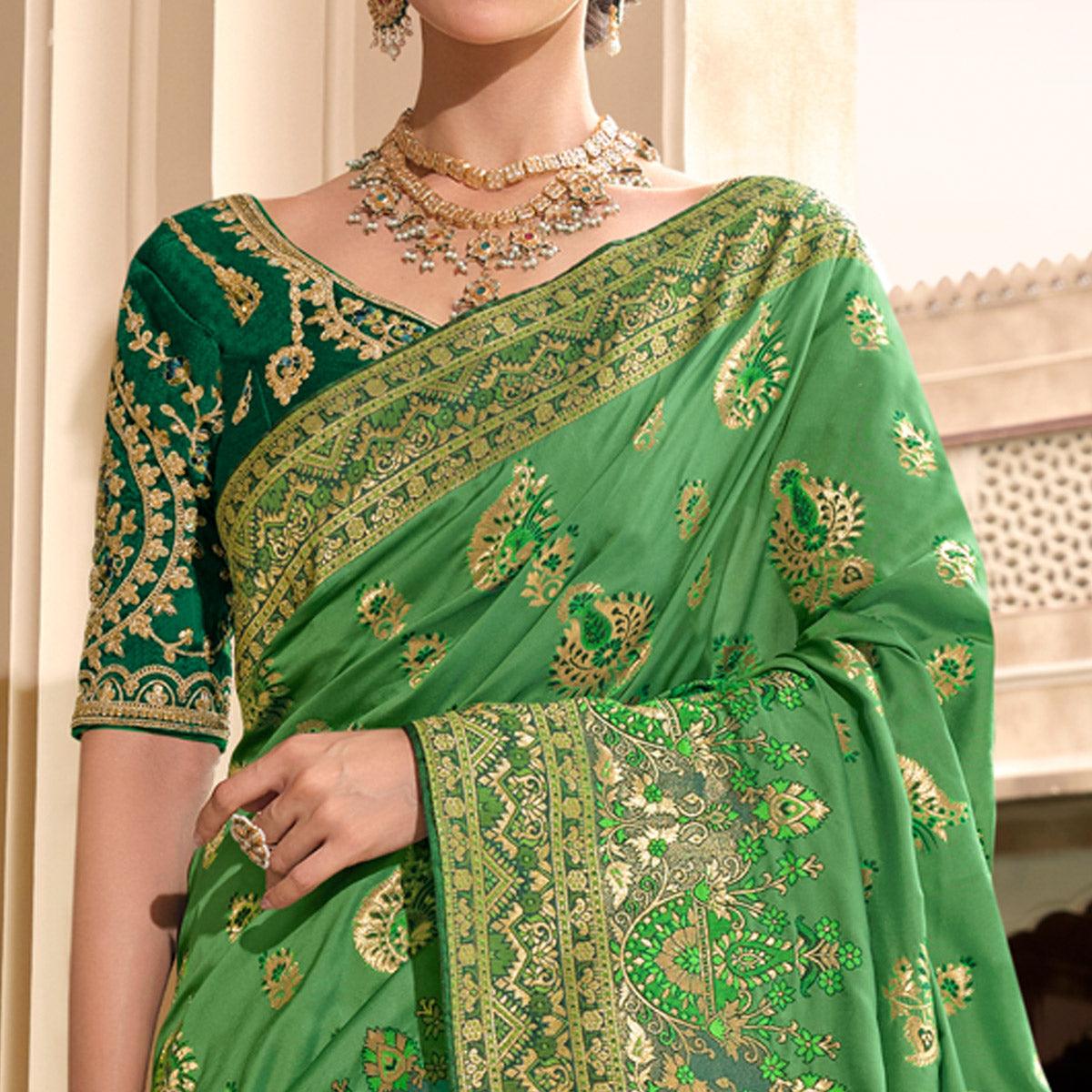 Green Woven Banarasi Silk Saree With Tassels - Peachmode