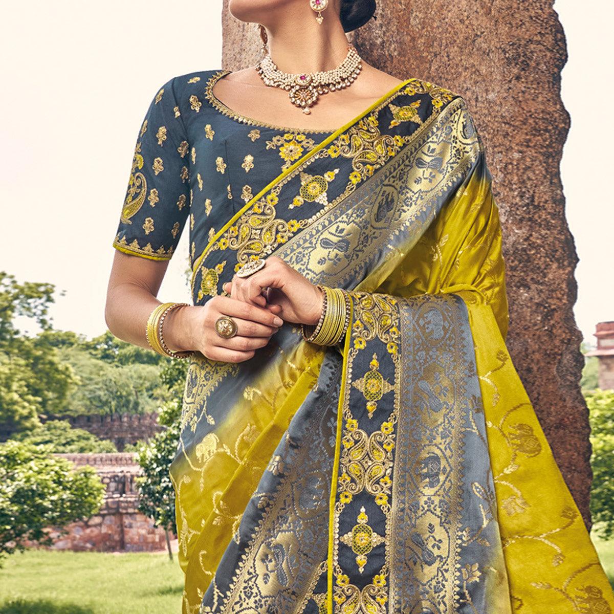 Green Woven Banarasi Silk Saree With Tassels - Peachmode