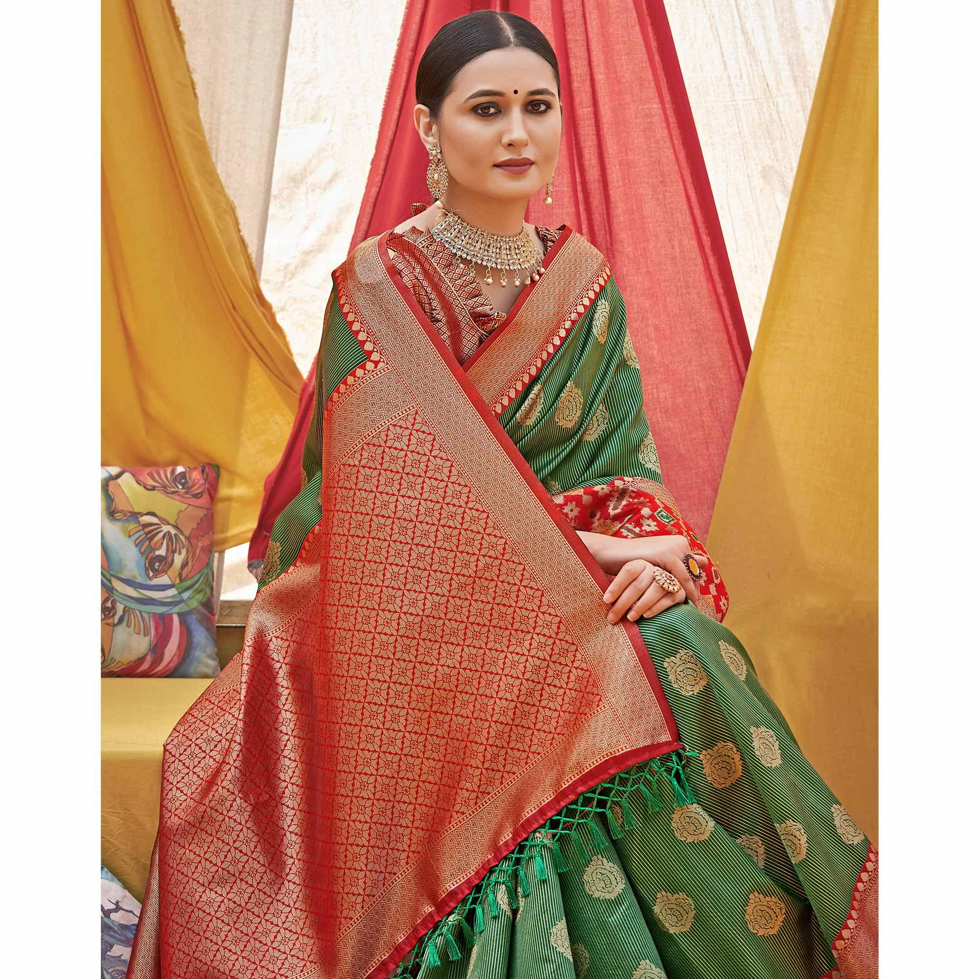 Green Woven Banarasi Silk Saree With Tassels - Peachmode