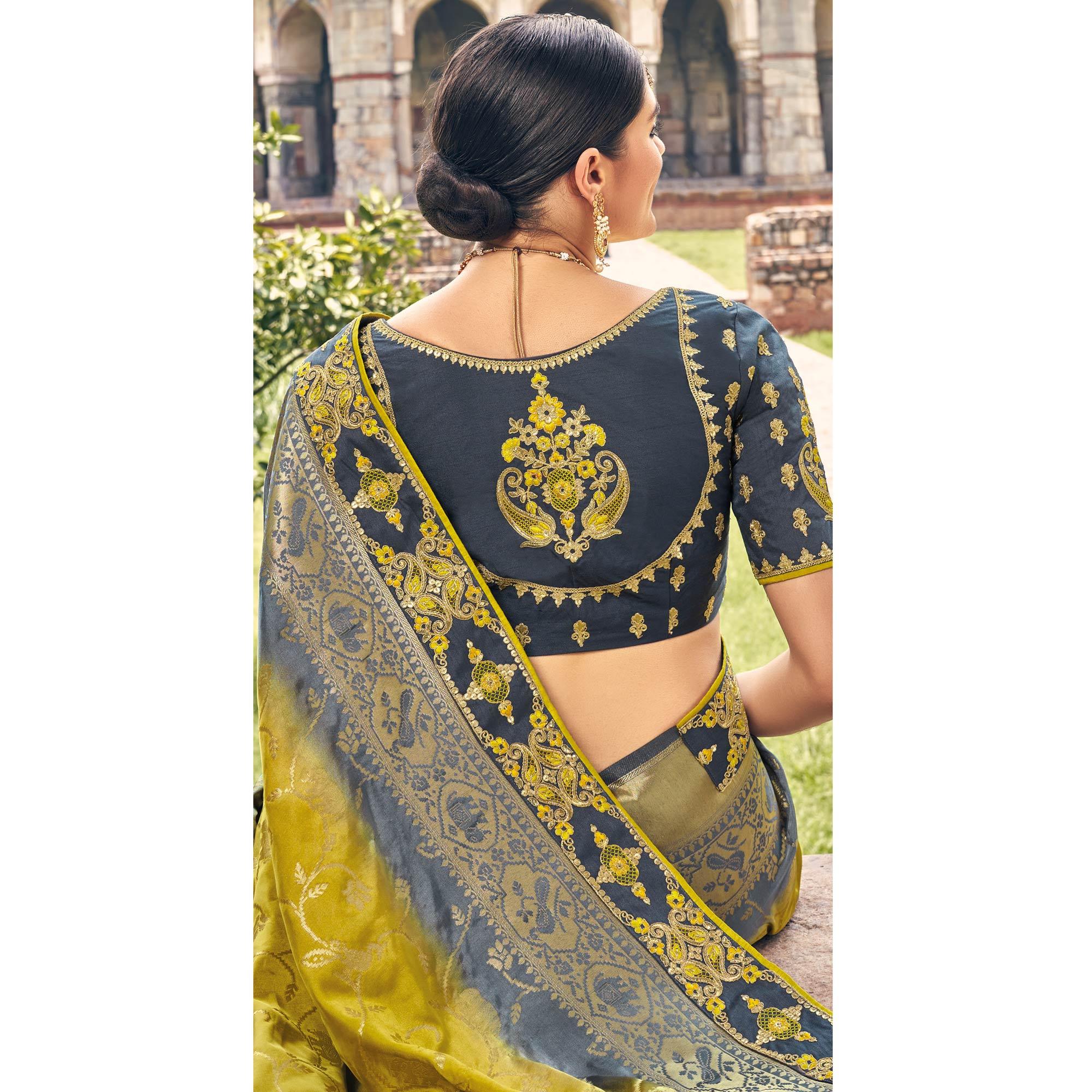 Green Woven Banarasi Silk Saree With Tassels - Peachmode