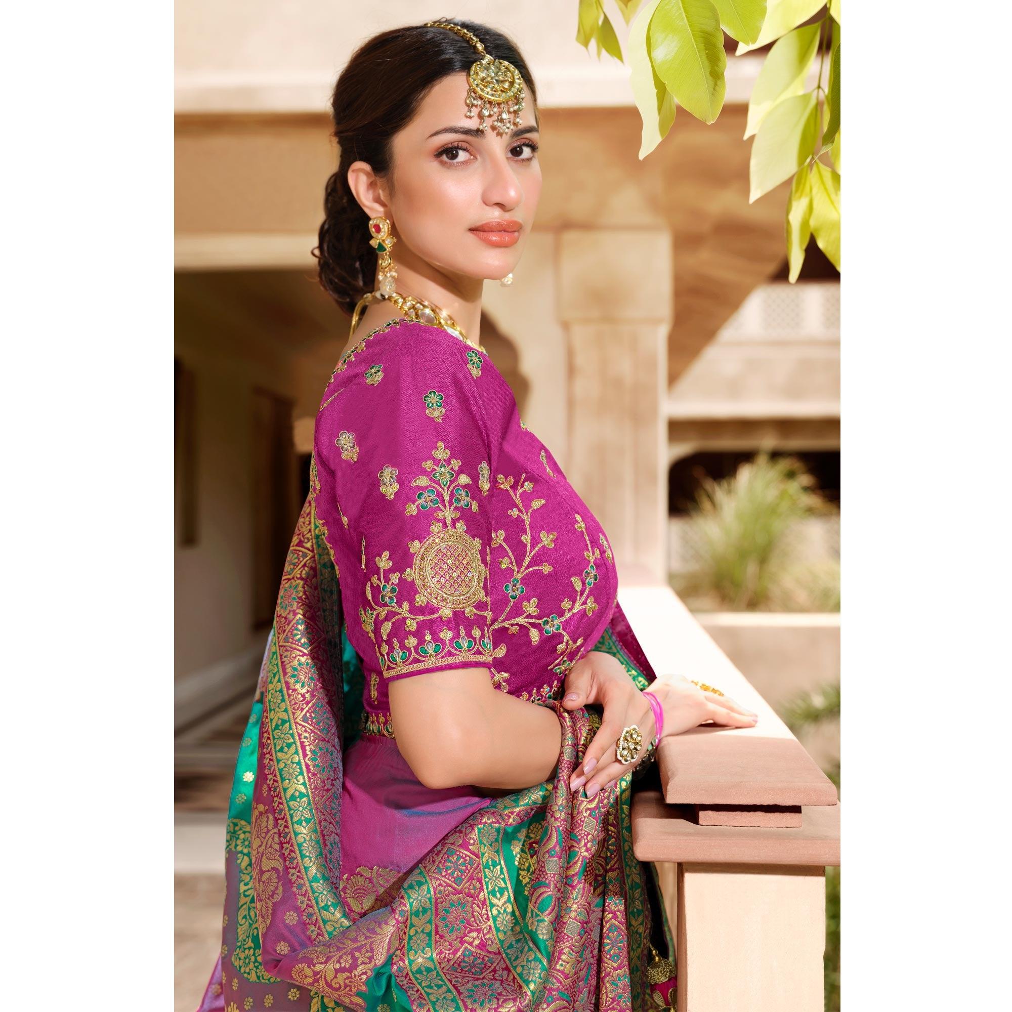 Green Woven Banarasi Silk Saree With Tassels - Peachmode