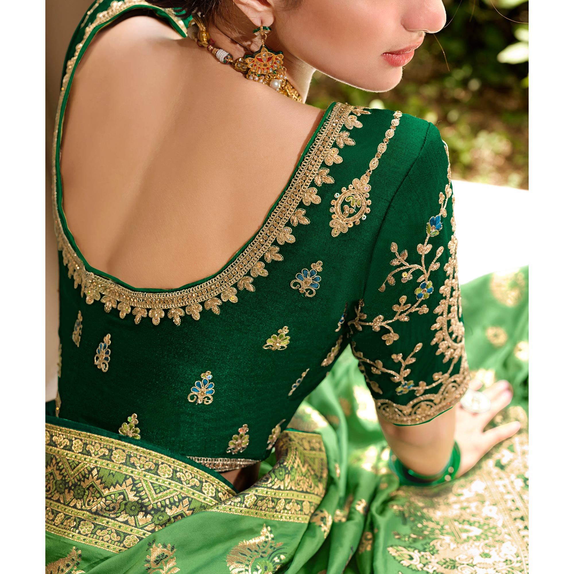 Green Woven Banarasi Silk Saree With Tassels - Peachmode