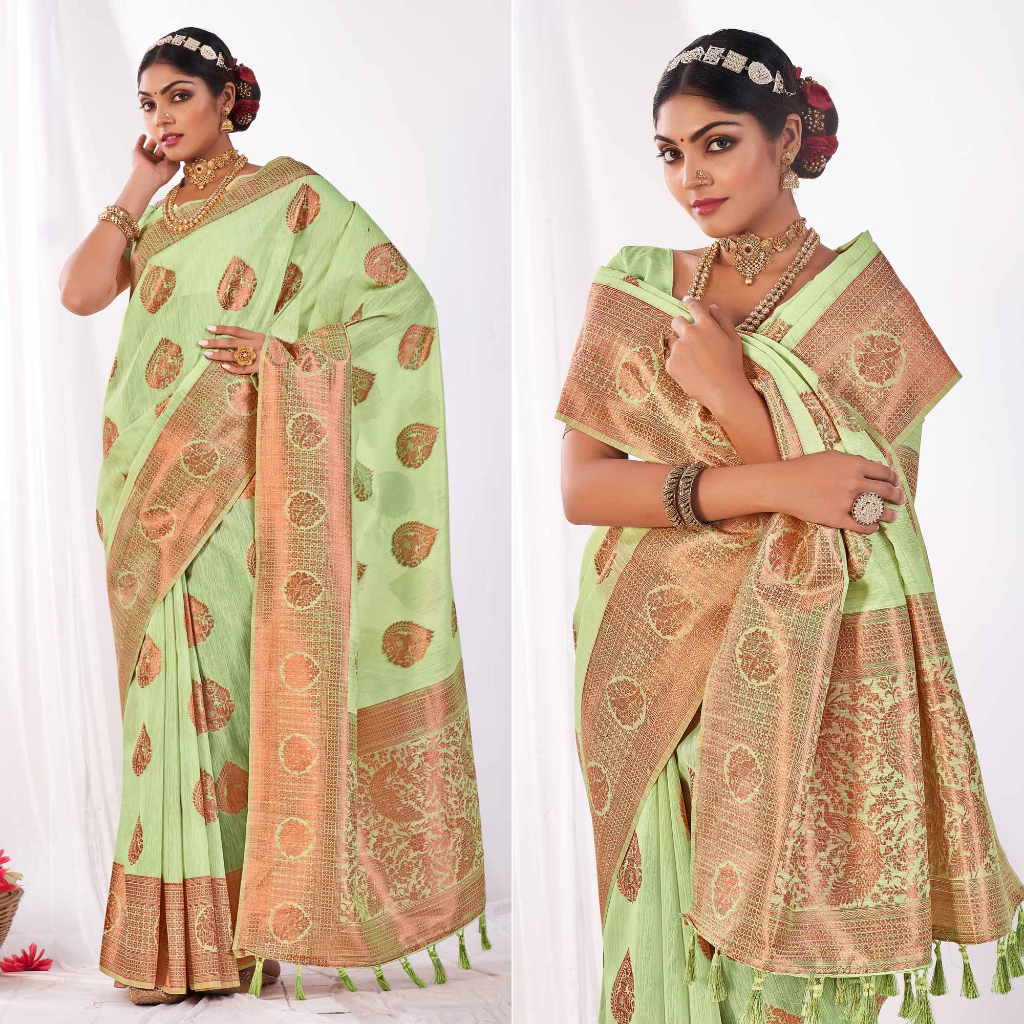 Green Woven Banarasi Style Linen Saree - Peachmode