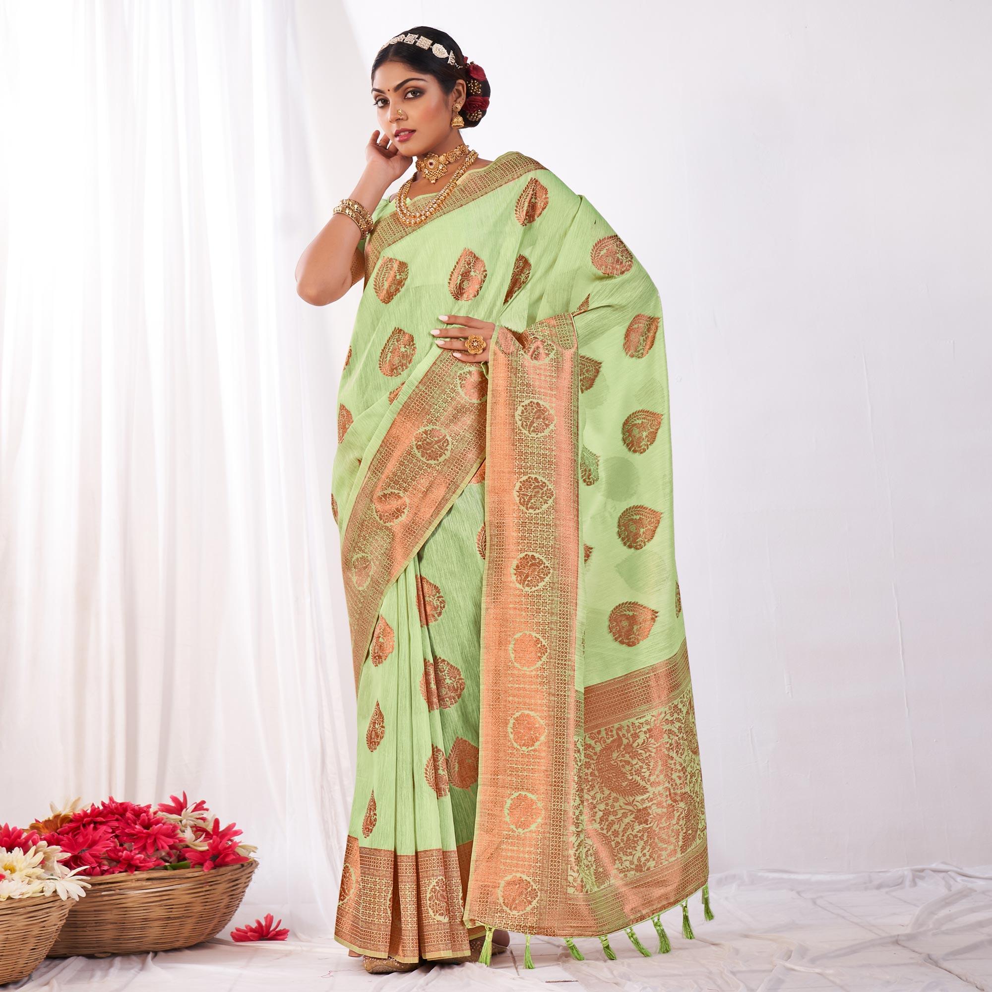 Green Woven Banarasi Style Linen Saree - Peachmode