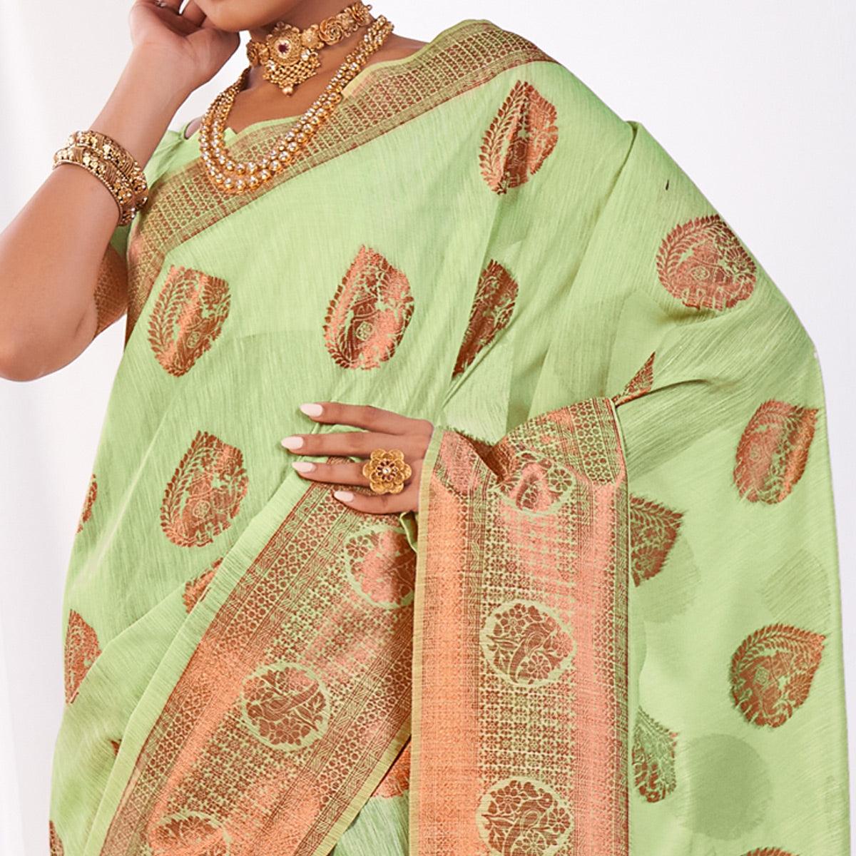 Green Woven Banarasi Style Linen Saree - Peachmode