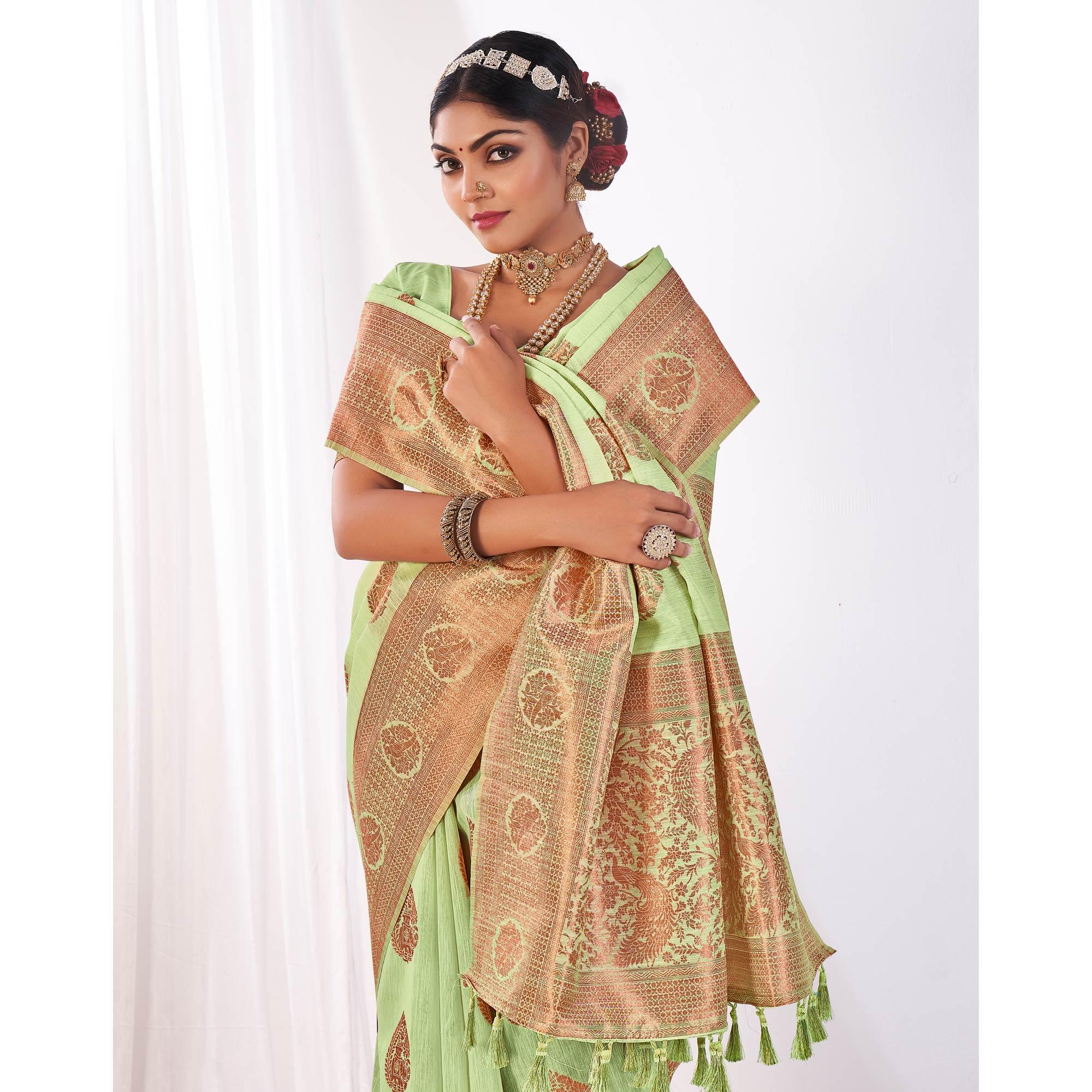 Green Woven Banarasi Style Linen Saree - Peachmode