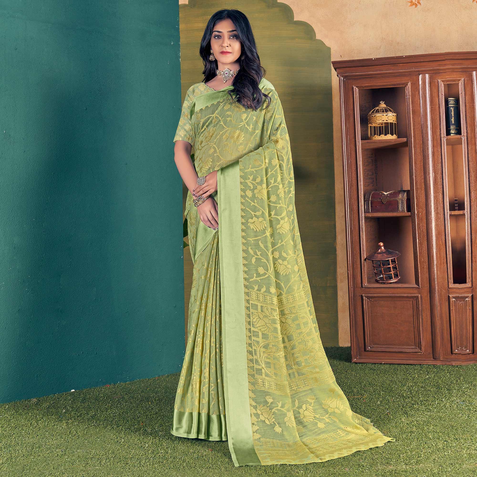 Green Woven Brasso Saree - Peachmode