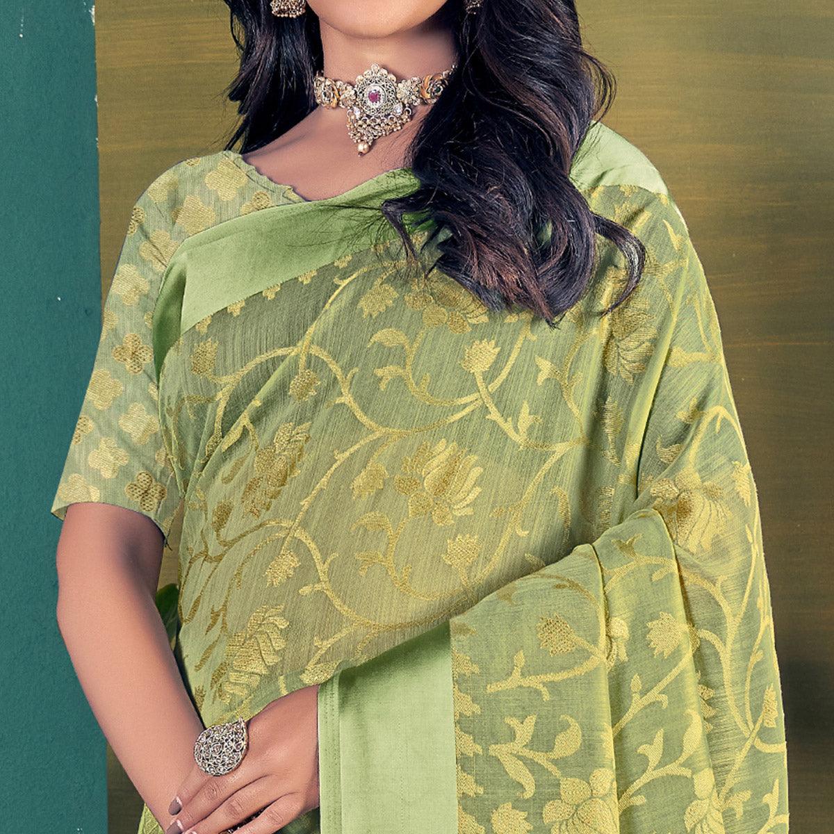 Green Woven Brasso Saree - Peachmode