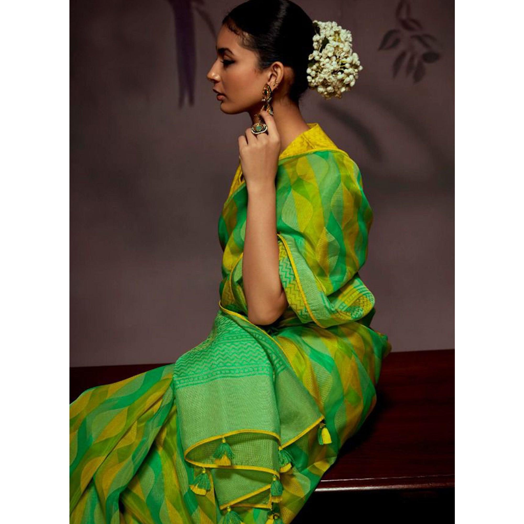Green Woven Brasso Saree With Tassels - Peachmode