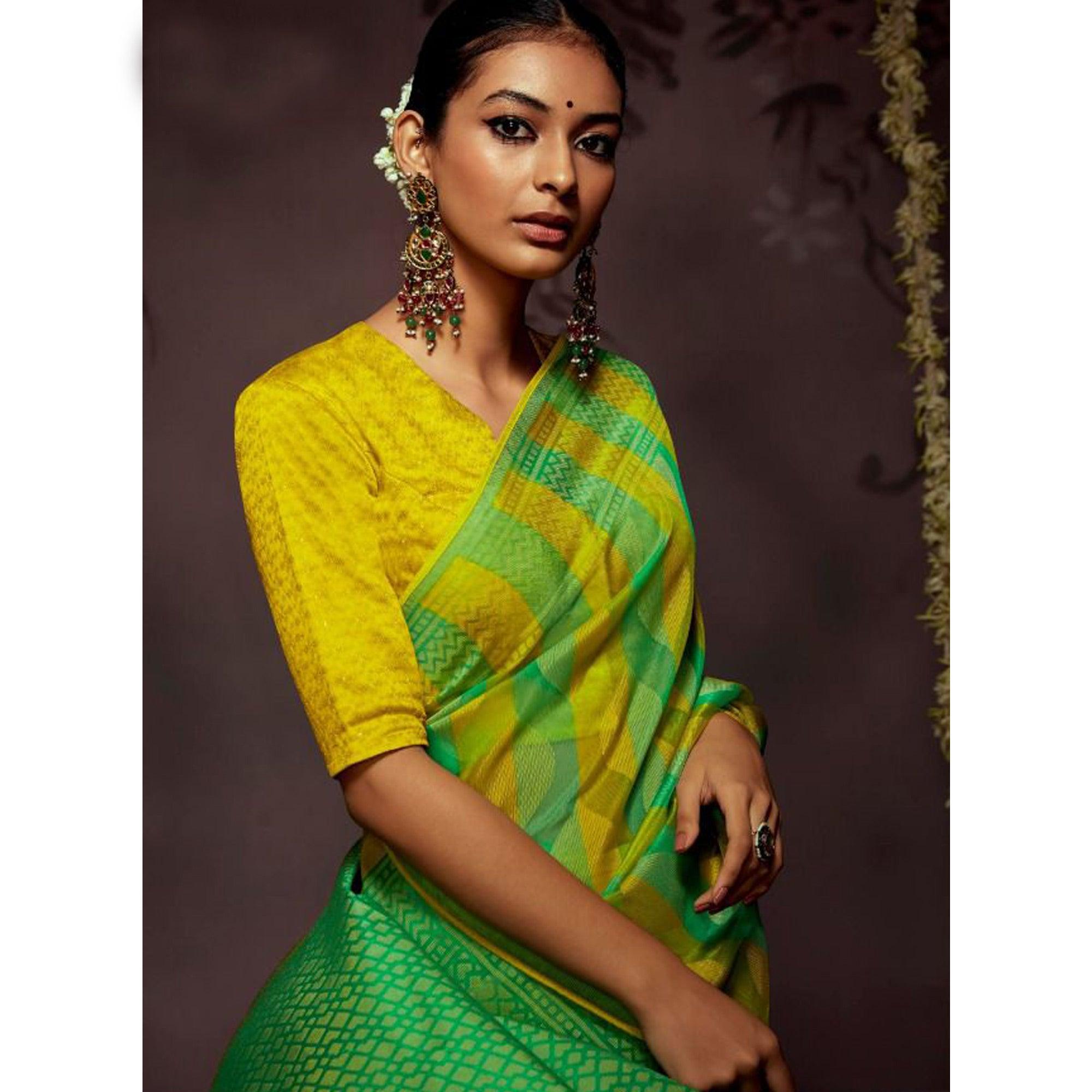 Green Woven Brasso Saree With Tassels - Peachmode
