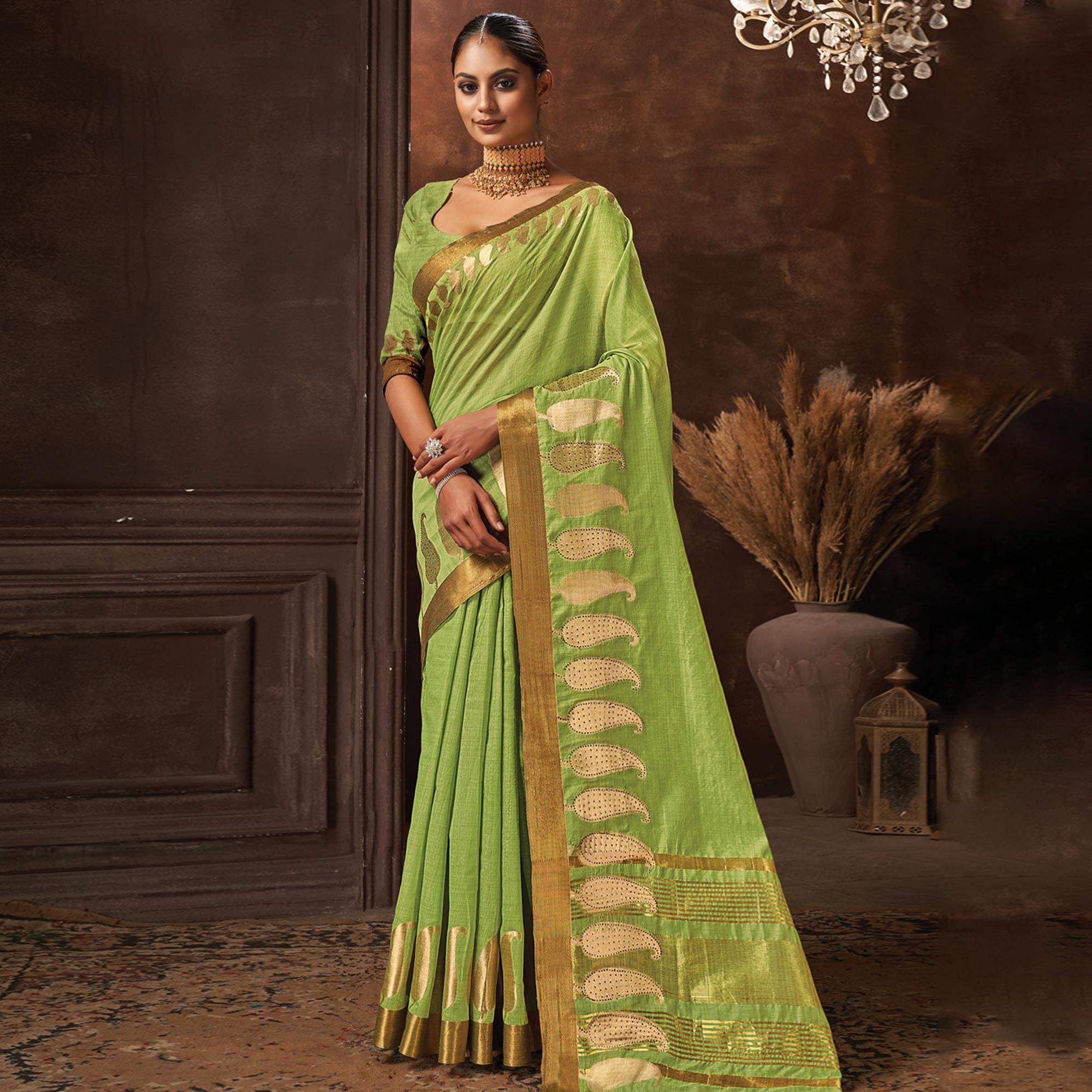 Green Woven Cotton Saree - Peachmode