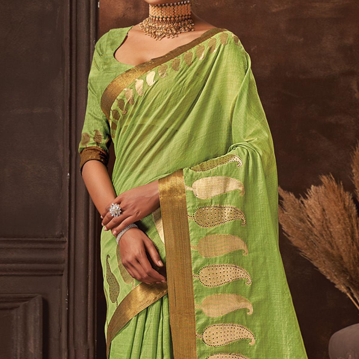 Green Woven Cotton Saree - Peachmode