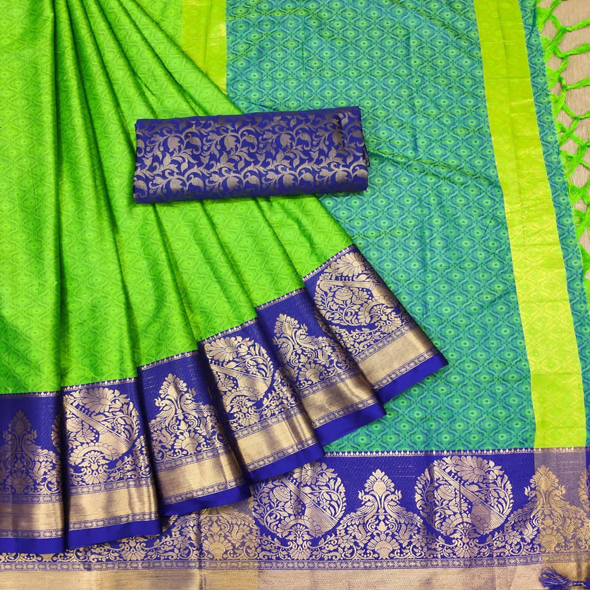 Green Woven Cotton Silk Saree - Peachmode