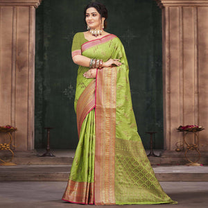 Green Woven Cotton Silk Saree - Peachmode