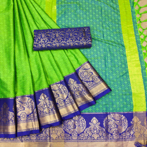 Green Woven Cotton Silk Saree - Peachmode