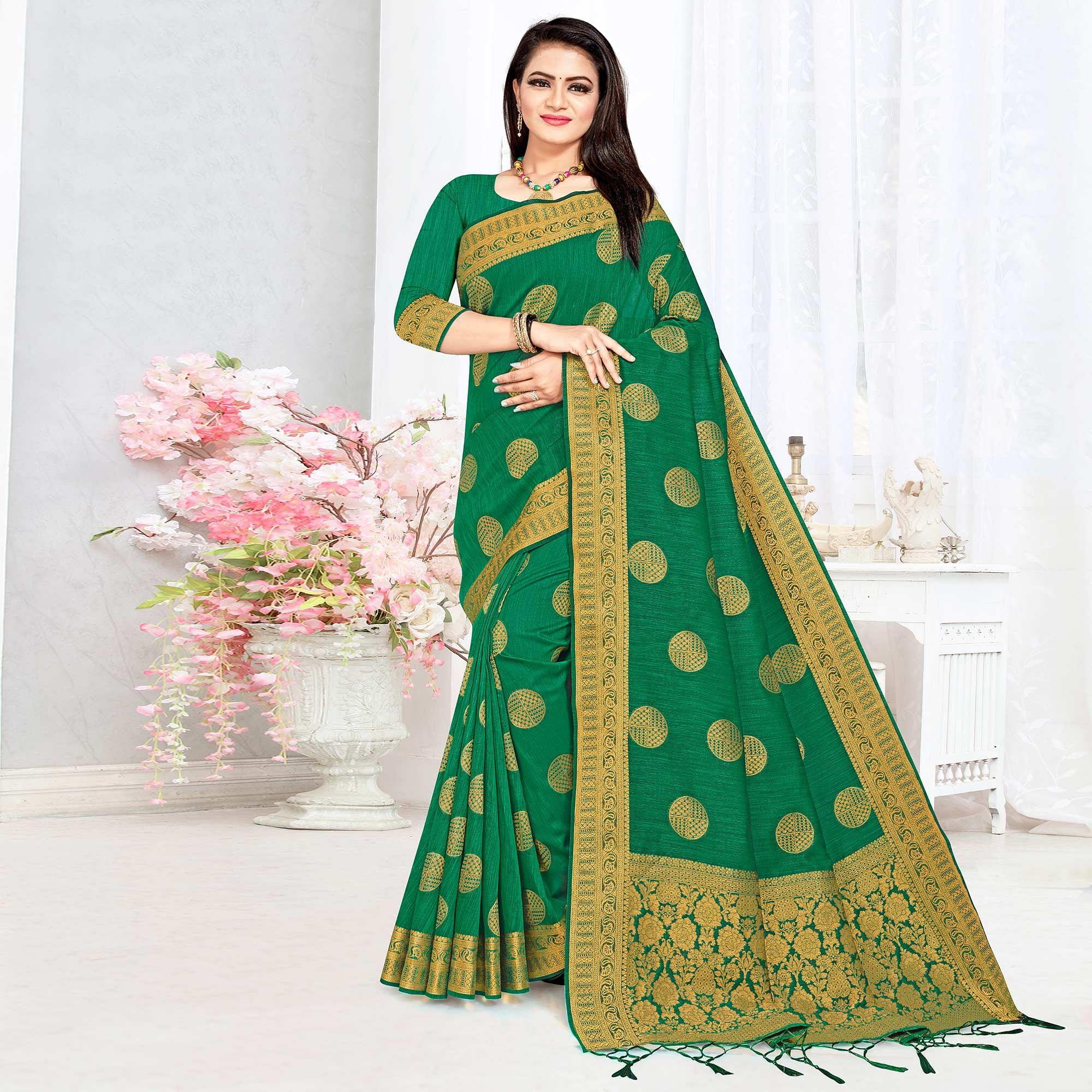 Green Woven Cotton Silk Saree - Peachmode