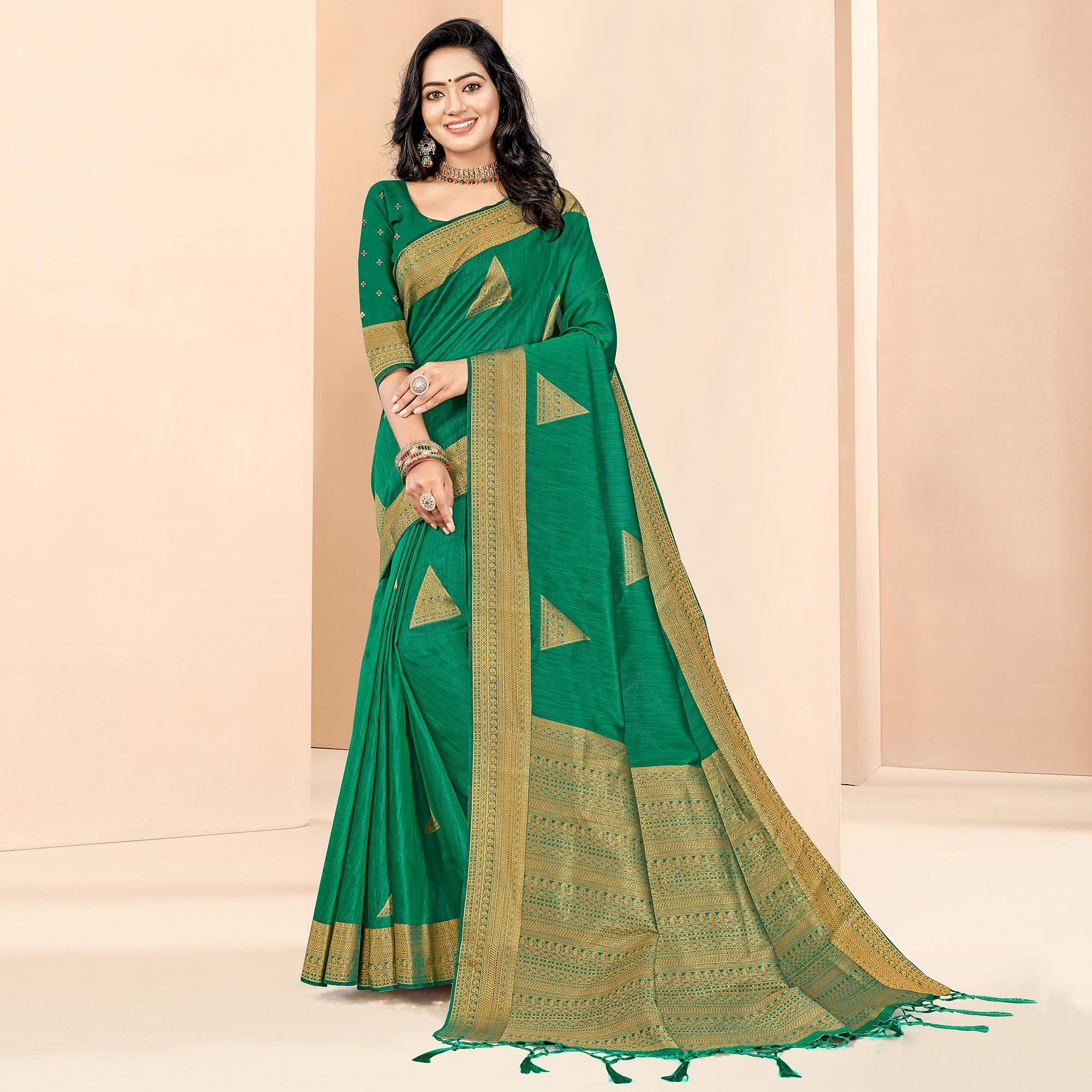 Green Woven Cotton Silk Saree - Peachmode
