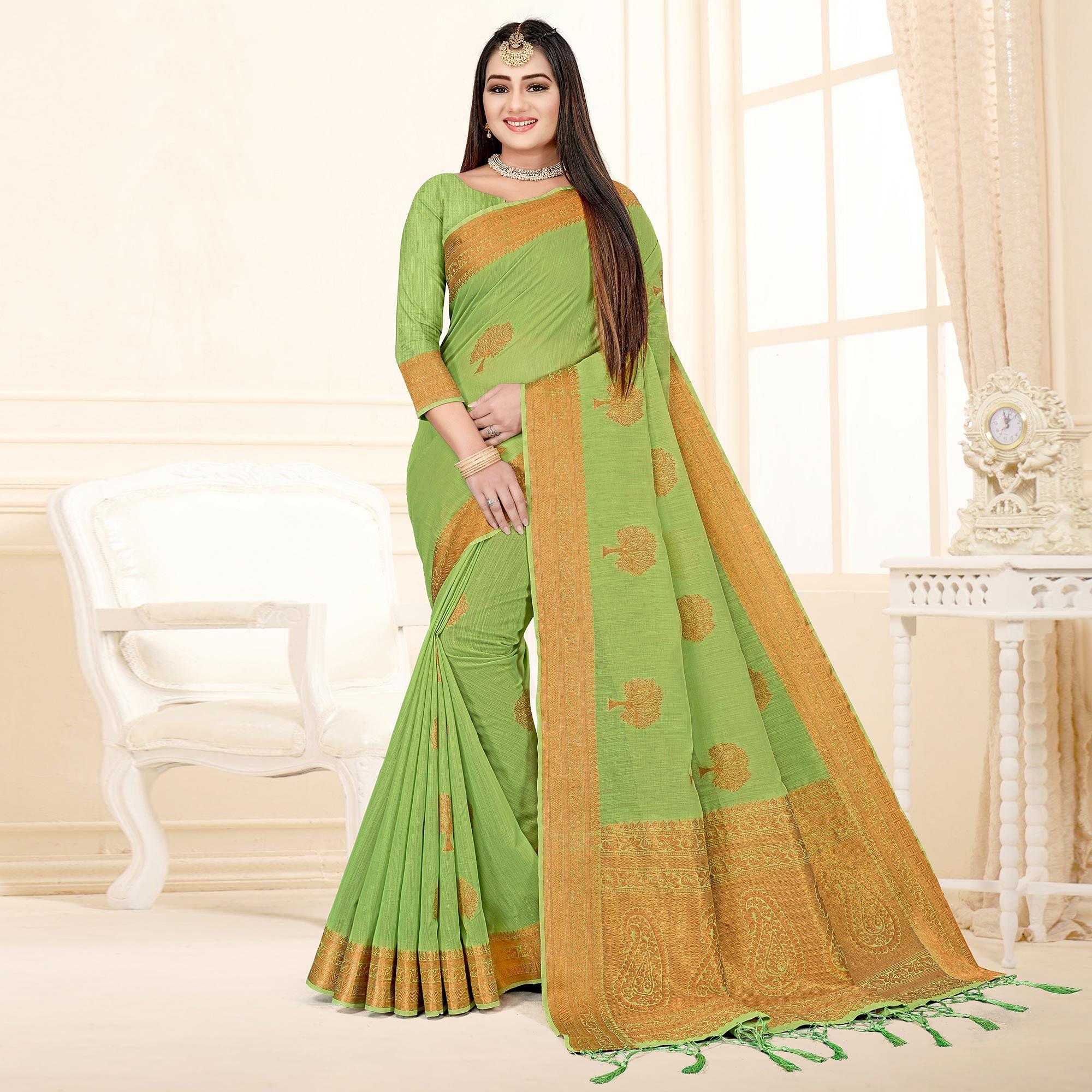 Green Woven Cotton Silk Saree - Peachmode