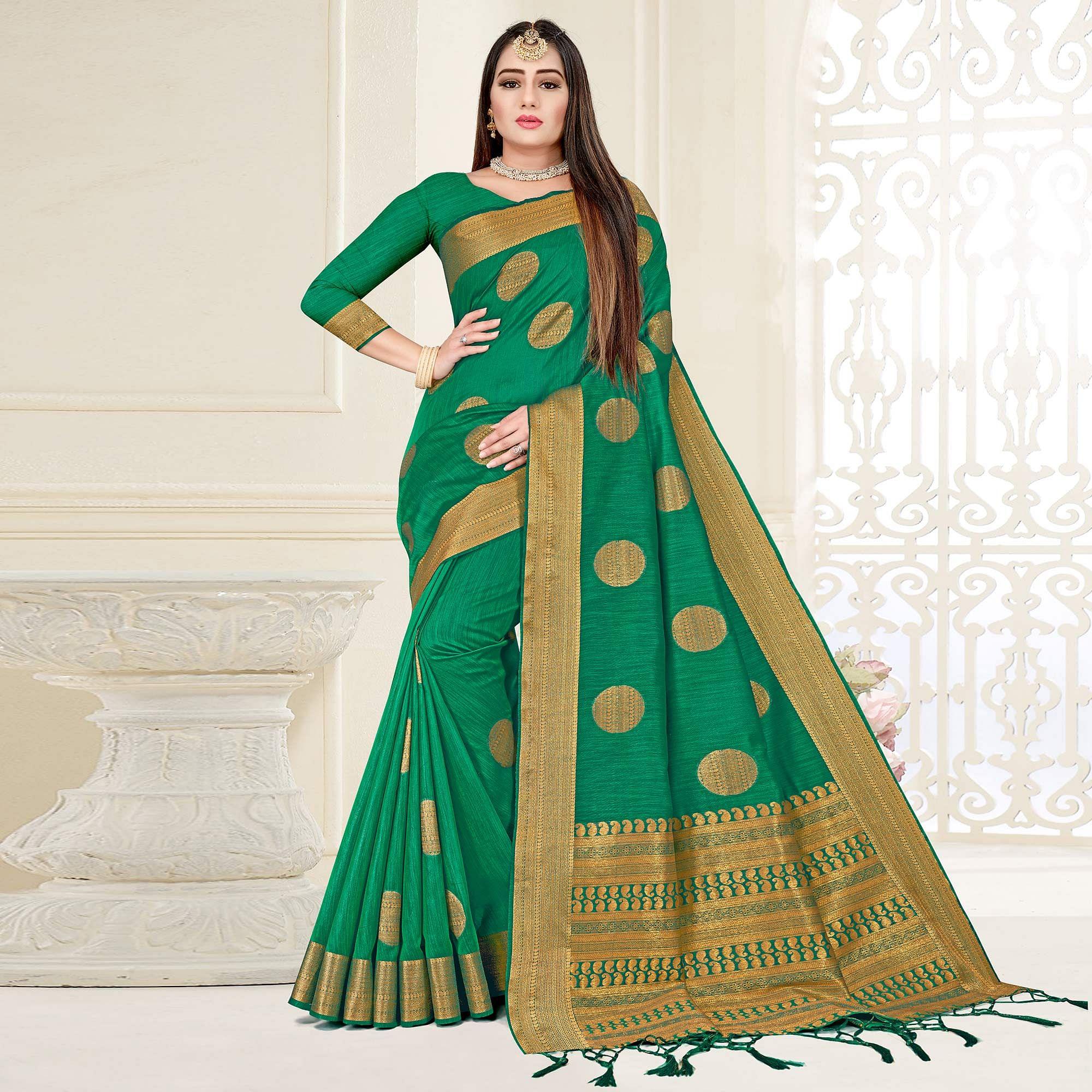 Green Woven Cotton Silk Saree - Peachmode