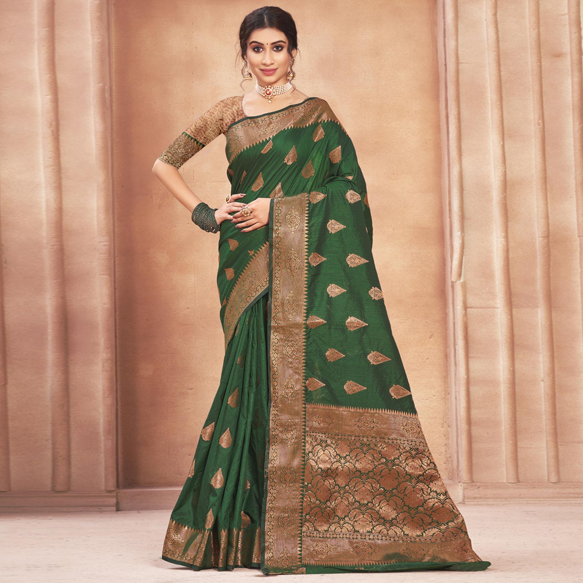 Green Woven Cotton Silk Saree - Peachmode