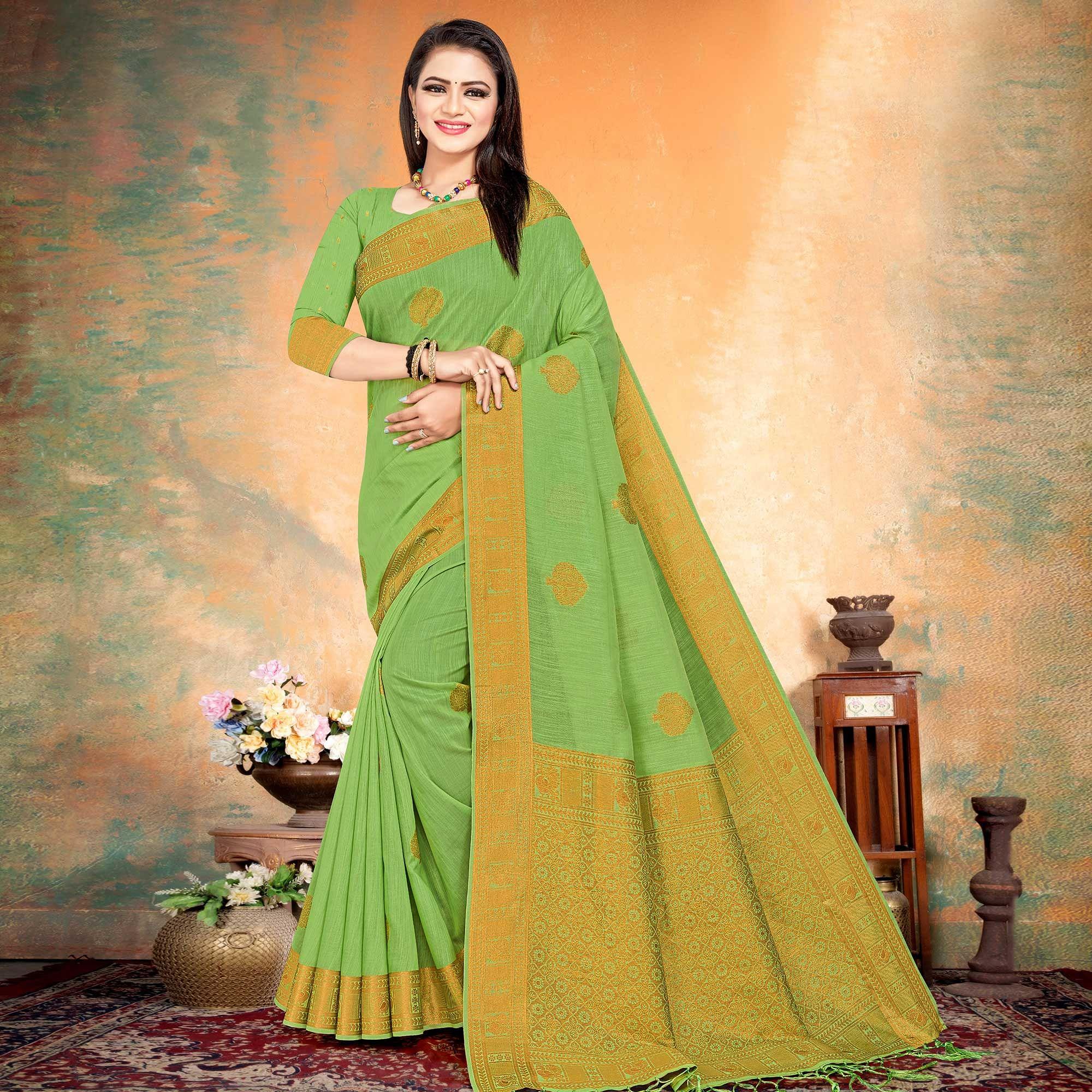 Green Woven Cotton Silk Saree - Peachmode
