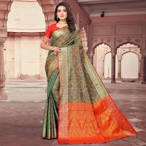 Green Woven Cotton Silk Saree - Peachmode