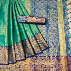 Green Woven Cotton Silk Saree - Peachmode