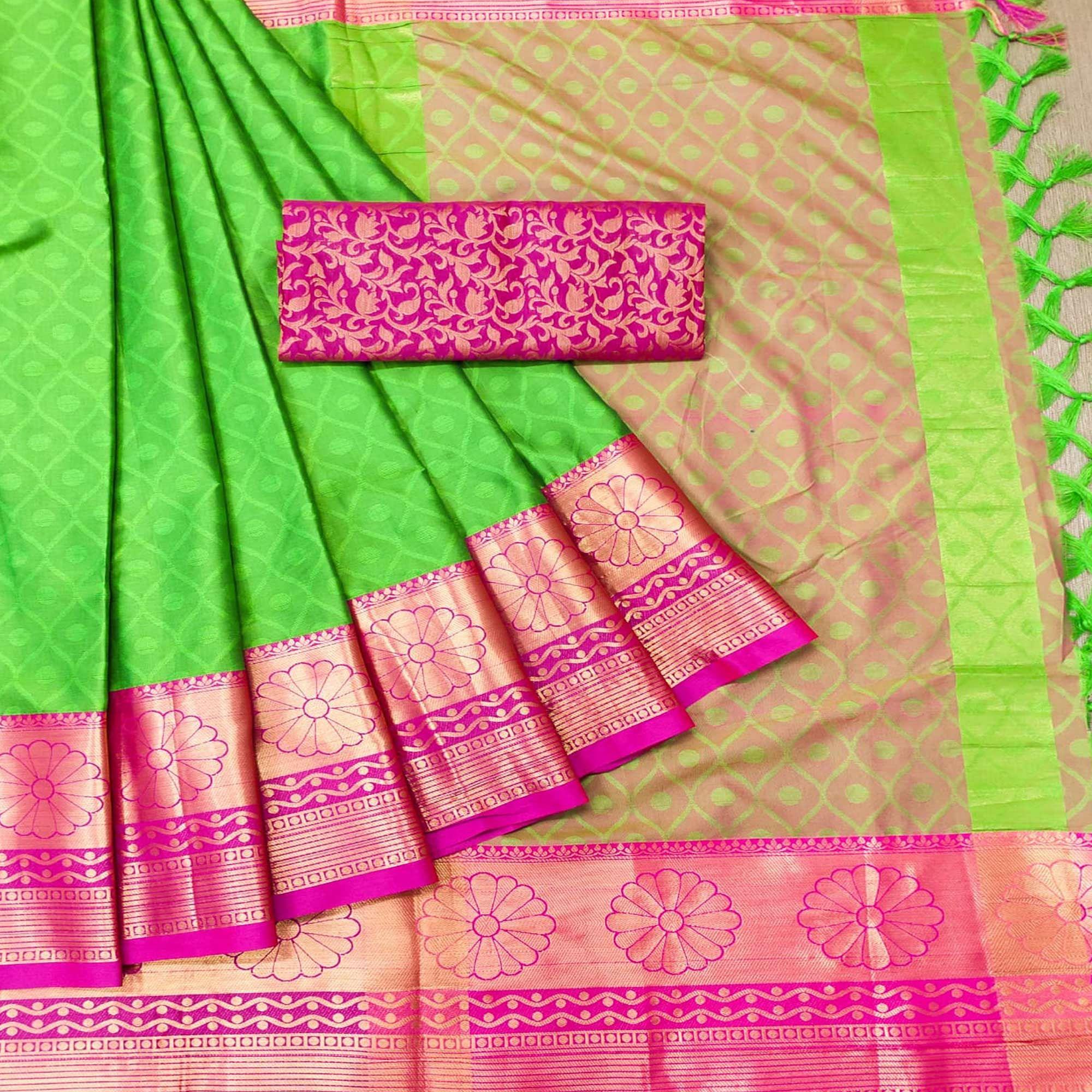 Green Woven Cotton Silk Saree - Peachmode