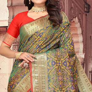 Green Woven Cotton Silk Saree - Peachmode