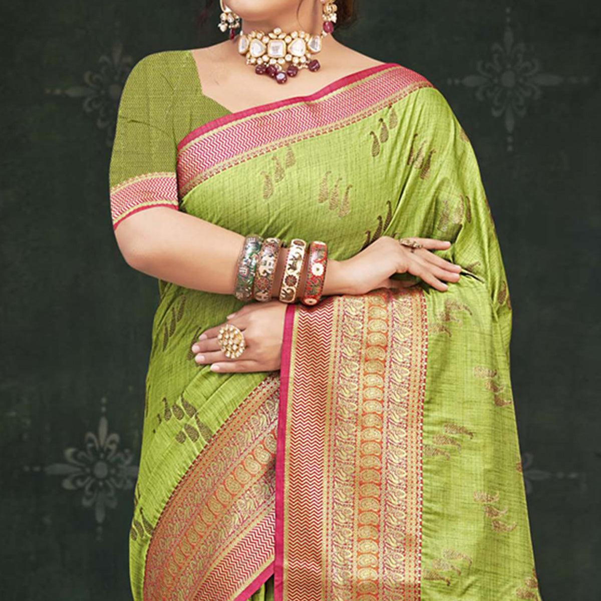 Green Woven Cotton Silk Saree - Peachmode