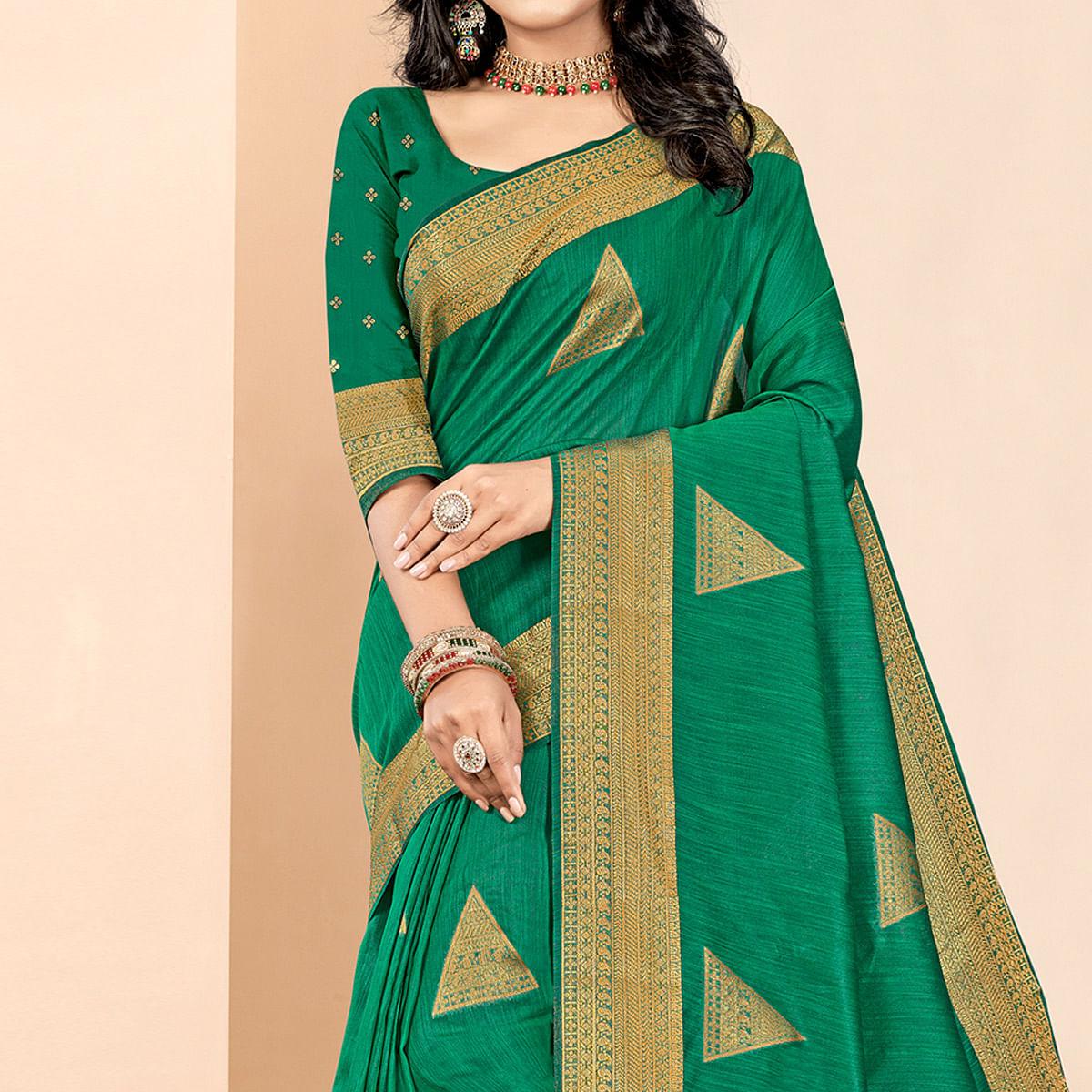 Green Woven Cotton Silk Saree - Peachmode