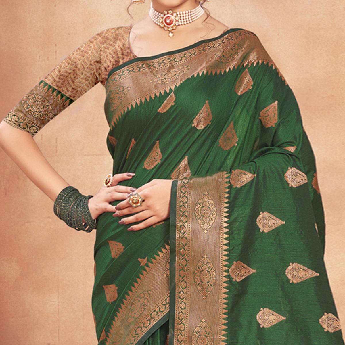 Green Woven Cotton Silk Saree - Peachmode