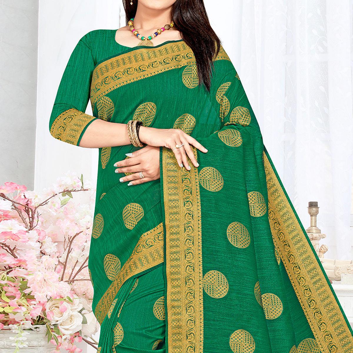 Green Woven Cotton Silk Saree - Peachmode