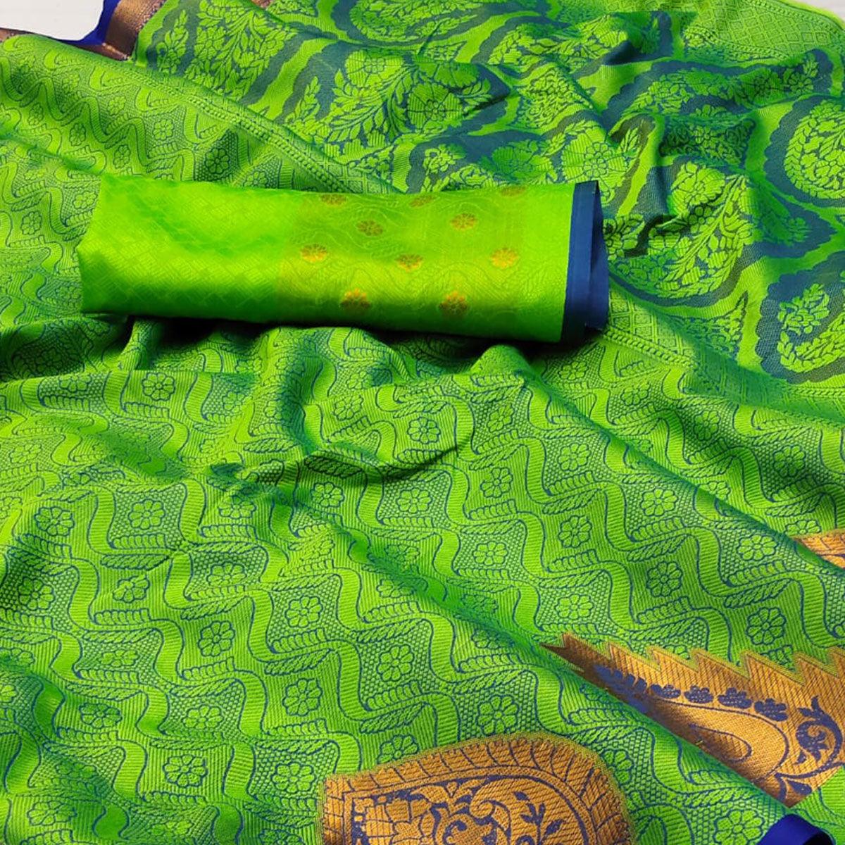 Green Woven Cotton Silk Saree - Peachmode