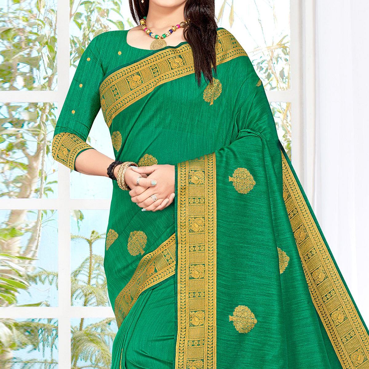 Green Woven Cotton Silk Saree - Peachmode