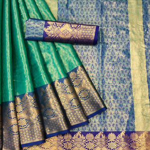 Green Woven Cotton Silk Saree - Peachmode